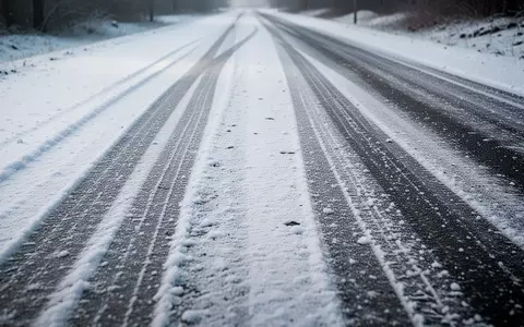 Verschneite Asphaltstraße mit leichten Reifenspuren an einem kalten Wintertag. - Foto: über boerse-global.de