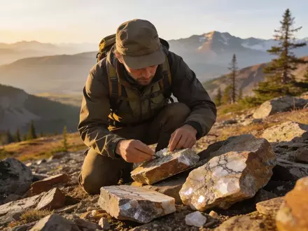 Geologe untersucht Gesteinsproben in einer kanadischen Bergbaulandschaft. - Foto: über boerse-global.de