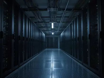 Ein dunkler, modern beleuchteter Serverraum mit metallischen Bodenflächen und Kabelkanälen in einer sterilen Umgebung. - Foto: über boerse-global.de
