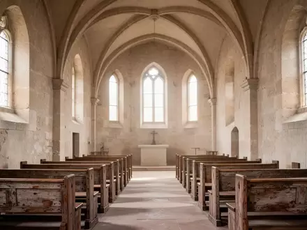 Ein lichtdurchfluteter, leerer Kirchenraum mit hohen Gewölben und schlichten Holzbänken, der Ruhe und Besinnlichkeit ausstrahlt. - Foto: über boerse-global.de