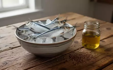 Frische Sardinen auf Eis, Leinsamen und Olivenöl auf einem Holztisch als Symbol für eine entzündungshemmende Ernährung. - Foto: über boerse-global.de