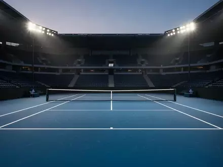 Ein leerer, professioneller Tennisplatz bei Flutlichtbeleuchtung in der Abenddämmerung. - Foto: über boerse-global.de