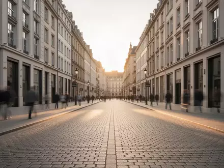 Eine leere, historische europäische Stadtstraße bei Sonnenuntergang mit moderner Architektur im Hintergrund. - Foto: über boerse-global.de