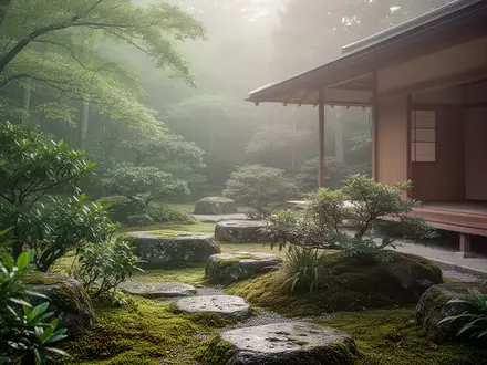 Ein minimalistischer japanischer Garten mit üppigem Grün und Moossteinen in einer ruhigen, nebligen Waldumgebung. - Foto: über boerse-global.de
