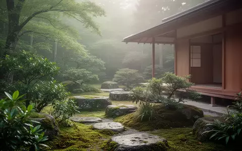Ein minimalistischer japanischer Garten mit üppigem Grün und Moossteinen in einer ruhigen, nebligen Waldumgebung. - Foto: über boerse-global.de