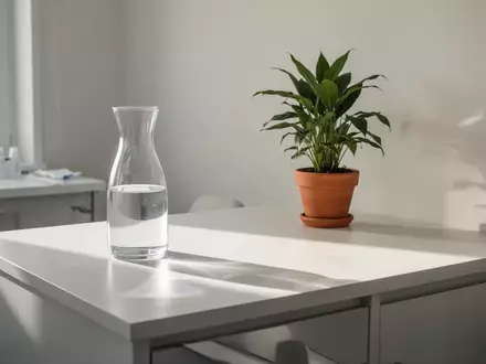 Ein minimalistischer, hell beleuchteter Untersuchungsraum mit einem Glas Wasser und einer Pflanze auf einer weißen Ablage. - Foto: über boerse-global.de
