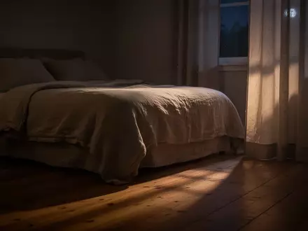 Ein ruhig wirkendes Schlafzimmer bei Nacht mit sanftem Mondlicht, das durch einen Vorhang auf das unberührte Bett fällt. - Foto: über boerse-global.de