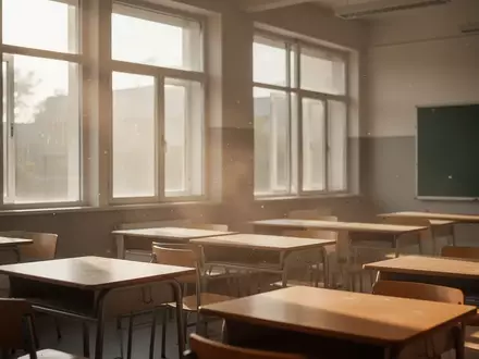 Ein leerer, sonnendurchfluteter Klassenraum mit Holztischen in einem modernen Schulgebäude. - Foto: über boerse-global.de
