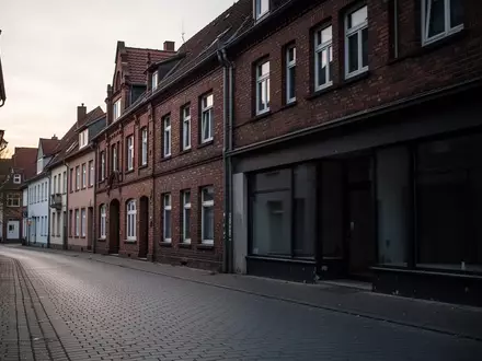 Eine menschenleere Straße in einer deutschen Kleinstadt mit einem leerstehenden Ladenlokal in der Abenddämmerung. - Foto: über boerse-global.de