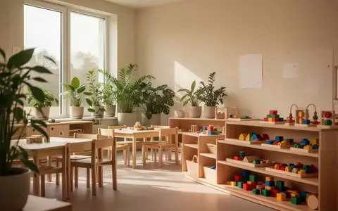 Ein heller, freundlich gestalteter Gruppenraum in einer Kindertagesstätte mit Holzmöbeln und Pflanzen. - Foto: über boerse-global.de