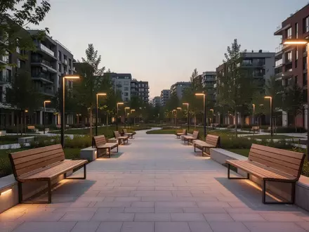 Ein leerer, einladend gestalteter Stadtpark mit Holzbänken und moderner Beleuchtung in der Dämmerung. - Foto: über boerse-global.de
