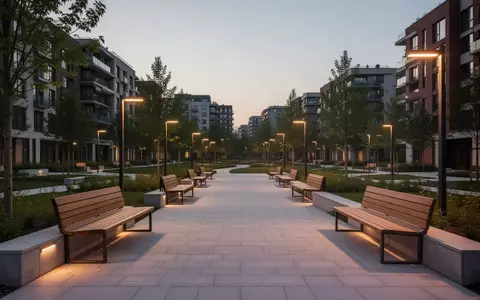 Ein leerer, einladend gestalteter Stadtpark mit Holzbänken und moderner Beleuchtung in der Dämmerung. - Foto: über boerse-global.de
