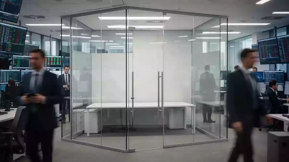 Ein heller, moderner Büro- oder Handelsraum mit verschwommenen Personen im Hintergrund, professionelle Atmosphäre. Illustration mit AI erstellt.