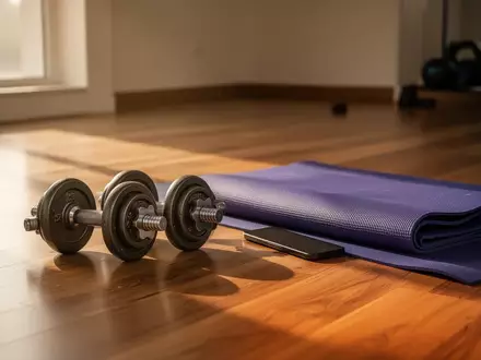 Ein minimalistisch eingerichteter Fitnessraum mit Hanteln und einer Yogamatte in hellem, natürlichem Licht. - Foto: über boerse-global.de
