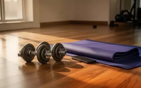 Ein minimalistisch eingerichteter Fitnessraum mit Hanteln und einer Yogamatte in hellem, natürlichem Licht. - Foto: über boerse-global.de