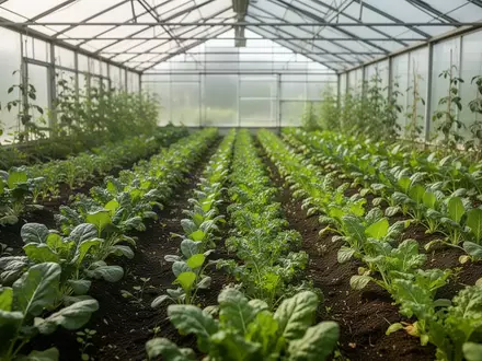 Innenansicht eines Gewächshauses mit Pflanzenreihen in der landwirtschaftlichen Forschung. - Foto: über boerse-global.de