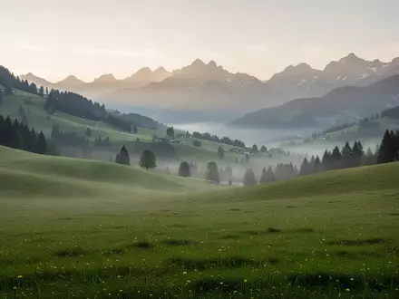 Eine weitläufige, grüne Schweizer Alpwiese in den Bergen bei Morgendämmerung. - Foto: über boerse-global.de