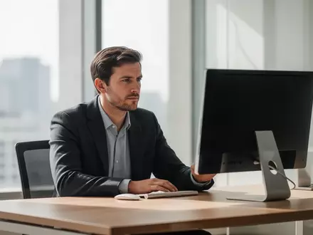 Ein nachdenklicher Geschäftsmann sitzt vor einem ausgeschalteten Computerbildschirm in einem modernen Büro. - Foto: über boerse-global.de