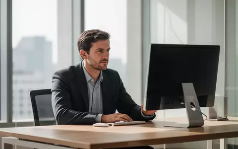 Ein nachdenklicher Geschäftsmann sitzt vor einem ausgeschalteten Computerbildschirm in einem modernen Büro. - Foto: über boerse-global.de