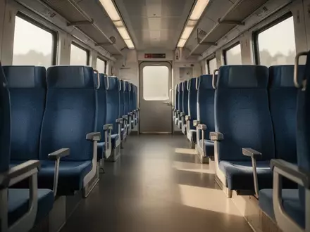 Leerer Innenraum eines modernen Personenwaggons mit blauen Sitzreihen in einem Zug. - Foto: über boerse-global.de