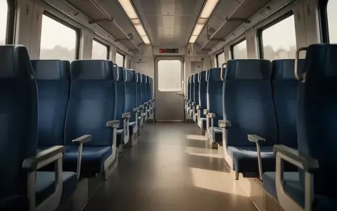 Leerer Innenraum eines modernen Personenwaggons mit blauen Sitzreihen in einem Zug. - Foto: über boerse-global.de