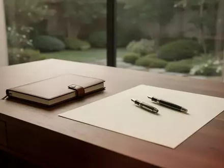 Ein minimalistischer Schreibtisch mit einem leeren Notizbuch und einem Füllfederhalter in einem hellen, ruhigen Raum. - Foto: über boerse-global.de