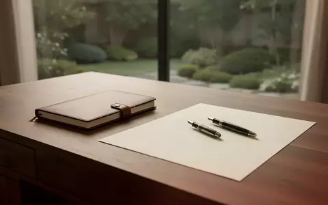 Ein minimalistischer Schreibtisch mit einem leeren Notizbuch und einem Füllfederhalter in einem hellen, ruhigen Raum. - Foto: über boerse-global.de