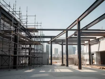 Eine moderne Baustelle mit Gerüsten und Stahlträgern vor einem klaren Himmel. - Foto: über boerse-global.de