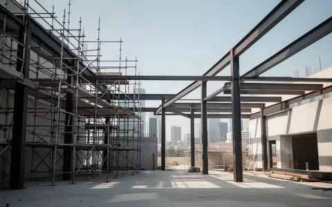 Eine moderne Baustelle mit Gerüsten und Stahlträgern vor einem klaren Himmel. - Foto: über boerse-global.de