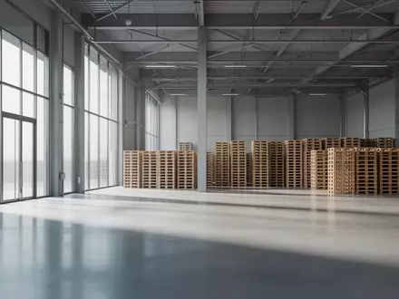 Ein modernes, minimalistisches Logistiklager mit polierten Betonböden und gestapelten leeren Paletten in einer hellen Halle. - Foto: über boerse-global.de
