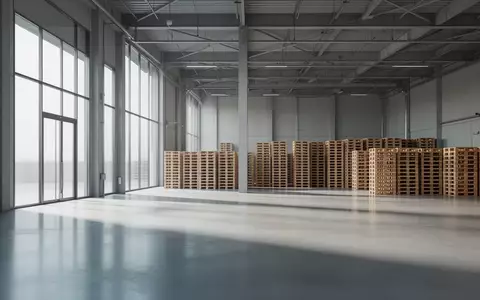 Ein modernes, minimalistisches Logistiklager mit polierten Betonböden und gestapelten leeren Paletten in einer hellen Halle. - Foto: über boerse-global.de