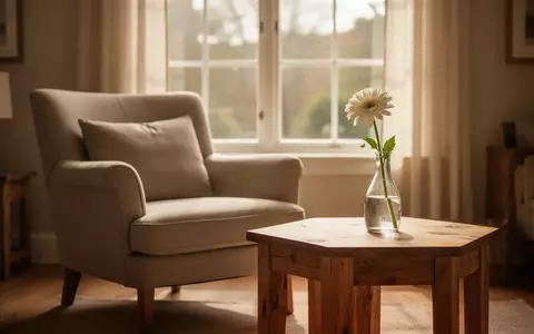 Ein sonnendurchflutetes Wohnzimmer mit einem bequemen Sessel und einer einzelnen Blume in einer Vase auf einem Holztisch. - Foto: über boerse-global.de