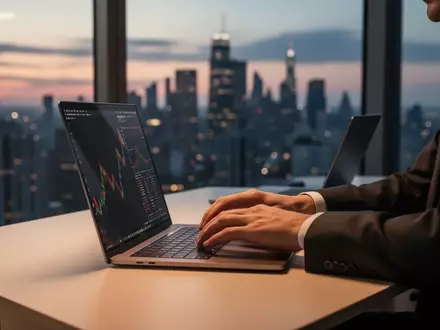 Ein professioneller Investor arbeitet an einem modernen Schreibtisch mit Blick auf eine Skyline bei Dämmerung. - Foto: über boerse-global.de