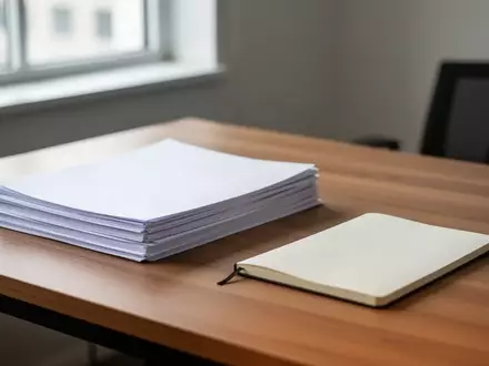 Ein minimalistischer Schreibtisch mit leeren Dokumenten und einem Notizbuch in einem hellen Büro. - Foto: über boerse-global.de