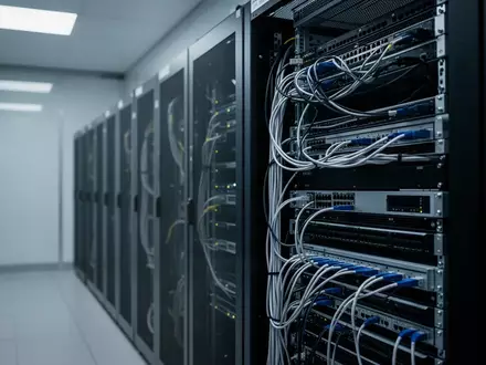 Moderne Serverinfrastruktur in einem klimatisierten Technikraum mit geordneter Verkabelung und dunklen Server-Racks. - Foto: ĂĽber boerse-global.de