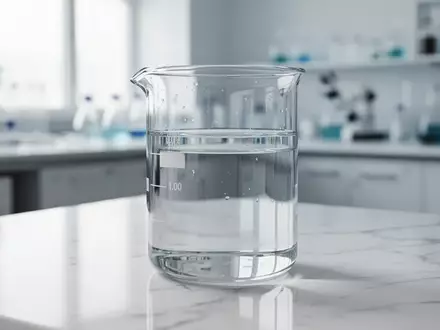 Ein gläsernes Laborbecherglas mit klarem Wasser auf einer weißen Marmoroberfläche in einer sterilen Laborumgebung. - Foto: über boerse-global.de