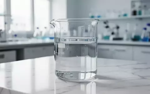 Ein gläsernes Laborbecherglas mit klarem Wasser auf einer weißen Marmoroberfläche in einer sterilen Laborumgebung. - Foto: über boerse-global.de