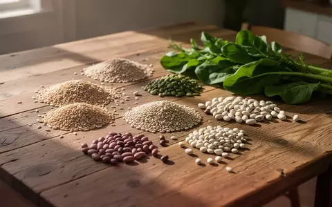 Eine Auswahl an unverarbeiteten Hülsenfrüchten, Getreide und frischem Gemüse auf einem Holztisch. - Foto: über boerse-global.de