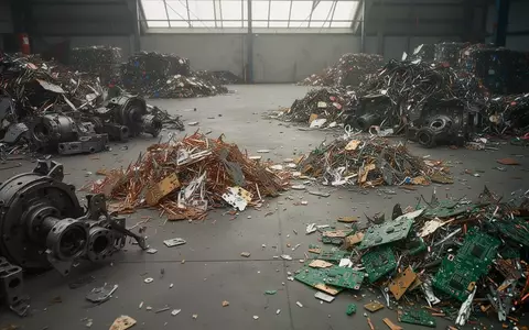 Ein Haufen aus zerkleinerten Metallteilen und Elektronikschrott auf einem Industrieboden als Symbol für das Rohstoffrecycling. - Foto: über boerse-global.de