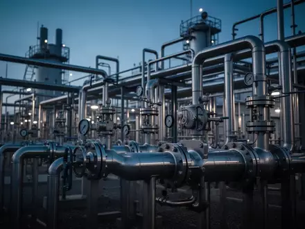 Moderne Industrieanlage zur Wasserstoffproduktion bei Dämmerung mit Fokus auf metallene Rohrleitungen und Ventile. - Foto: über boerse-global.de