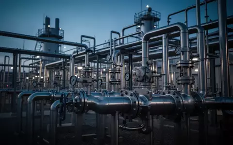 Moderne Industrieanlage zur Wasserstoffproduktion bei Dämmerung mit Fokus auf metallene Rohrleitungen und Ventile. - Foto: über boerse-global.de