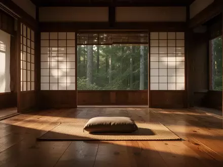 Ein minimalistischer Meditationsraum mit Holzboden und einem einzelnen Sitzkissen in einer ruhigen, lichtdurchfluteten Umgebung. - Foto: über boerse-global.de
