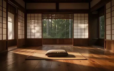 Ein minimalistischer Meditationsraum mit Holzboden und einem einzelnen Sitzkissen in einer ruhigen, lichtdurchfluteten Umgebung. - Foto: über boerse-global.de
