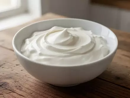 Cremiger griechischer Joghurt in einer schlichten weißen Schale auf einem rustikalen Holztisch bei natürlichem Licht. - Foto: über boerse-global.de