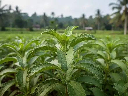 Nahaufnahme einer Stevia rebaudiana Pflanze auf einem Feld in Indonesien bei natürlichem Tageslicht. - Foto: über boerse-global.de