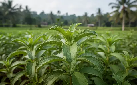 Nahaufnahme einer Stevia rebaudiana Pflanze auf einem Feld in Indonesien bei natürlichem Tageslicht. - Foto: über boerse-global.de