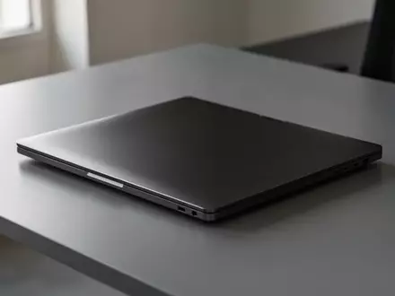Ein minimalistischer, eleganter Arbeitsplatz mit einem hochwertigen, dunklen Metall-Laptopgehäuse auf einem matten Schreibtisch bei natürlichem Licht. - Foto: über boerse-global.de