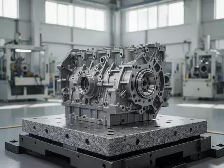 Ein komplexes Metallbauteil zur industriellen Qualitätsprüfung auf einer schweren Granit-Messplatte in einer Fertigungshalle. - Foto: über boerse-global.de
