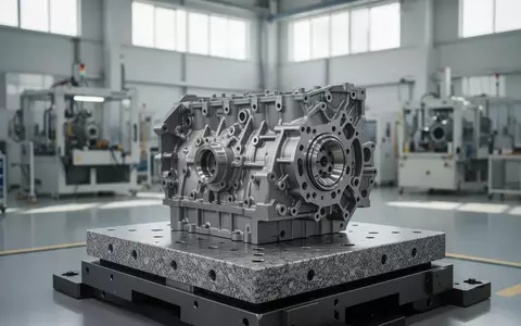 Ein komplexes Metallbauteil zur industriellen Qualitätsprüfung auf einer schweren Granit-Messplatte in einer Fertigungshalle. - Foto: über boerse-global.de