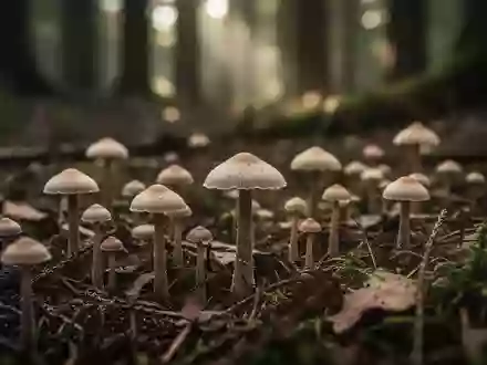 Nahaufnahme von kleinen, wild wachsenden Pilzen auf einem moosbewachsenen Waldboden bei natürlichem Licht. - Foto: über boerse-global.de